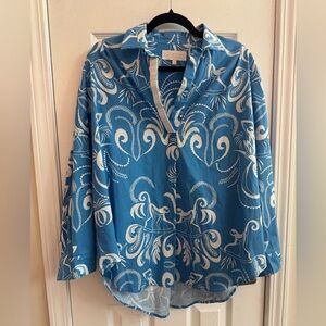 SHERIDAN FRENCH Frankie Blue Monkey Print Tunic Top Long Sleeve Size Small